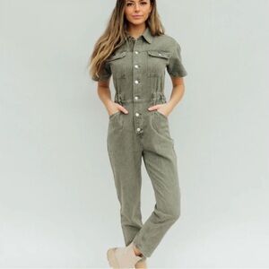 Crescent Brielle Denim Jumpsuit Women’s XS Light Olive Green Utility 100% Cotton